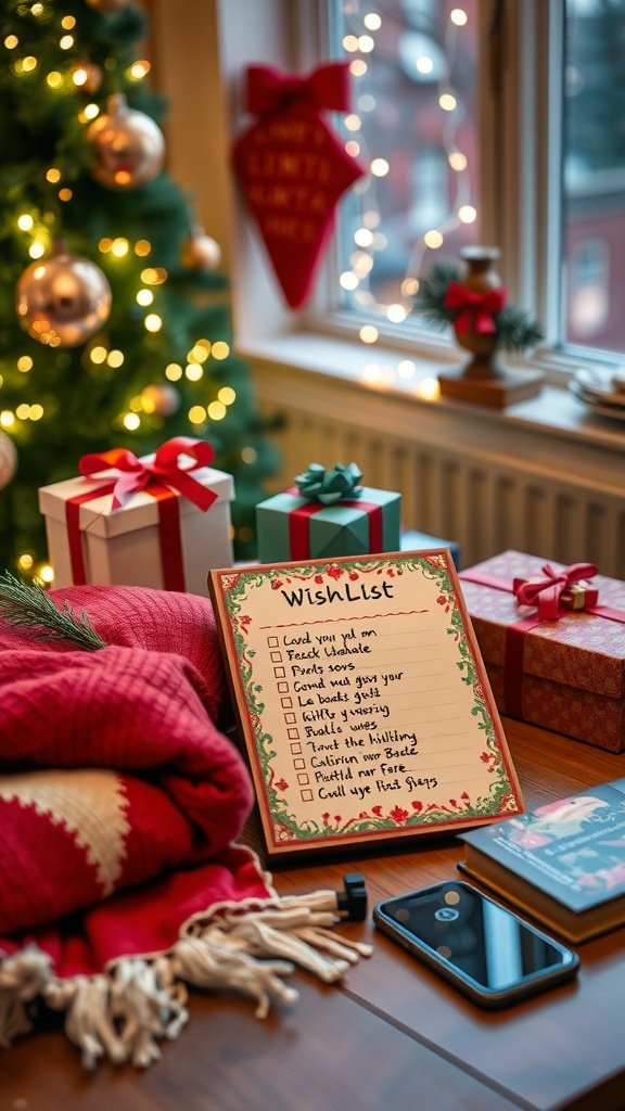 Christmas Wishlist Ideas A beautifully arranged Christmas wishlist on a table with holiday decorations and wrapped gifts.